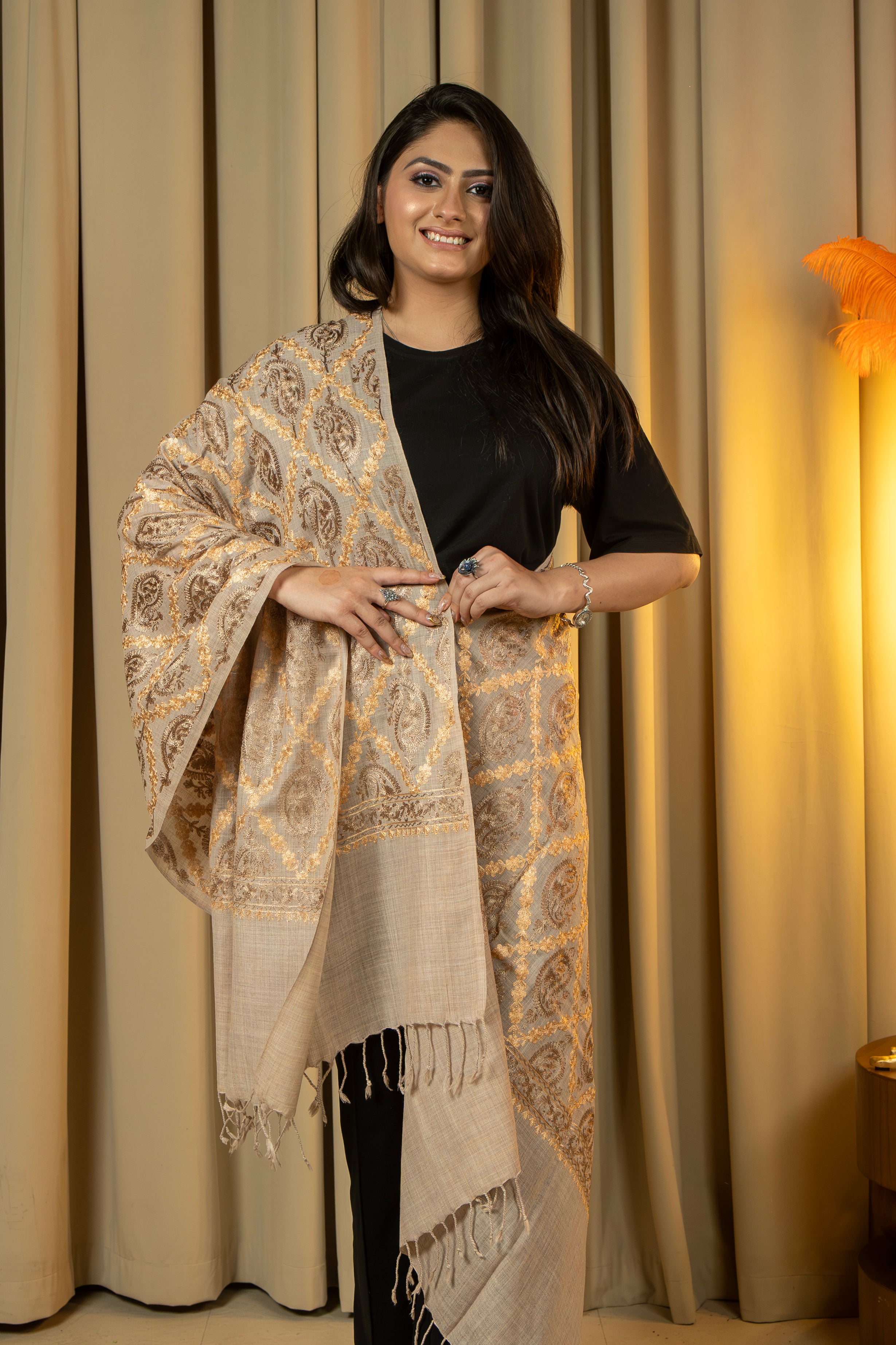 Aari Embroidered Beige Poly Wool Stole For Women